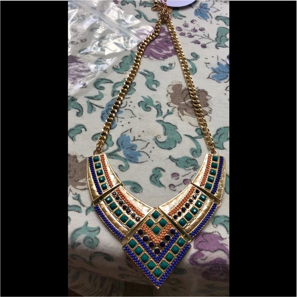 Necklace gold toned costume jewelry w beads & stones orange blue green